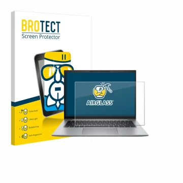 Front side of a product packaging with the brand logo BROTECT. Next to it is the device HP Zbook Firefly 14 G9 shown with the 