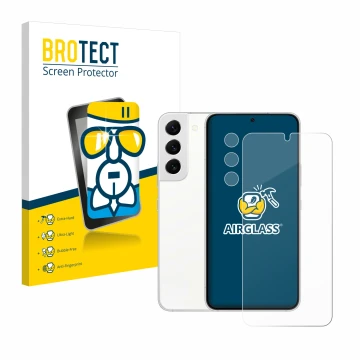 Front side of a product packaging with the brand logo BROTECT. Next to it is the device Samsung Galaxy S22 Enterprise Edition 