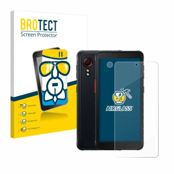 Front side of a product packaging with the brand logo BROTECT. Next to it is the device Samsung Galaxy XCover 5 Enterprise Edi