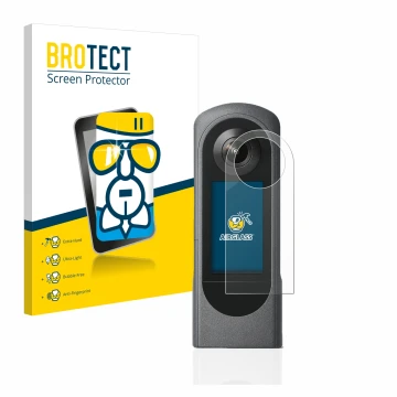 Front side of a product packaging with the brand logo BROTECT. Next to it is the device Ricoh Theta X shown with the correspon