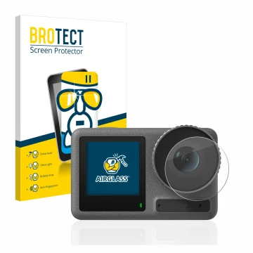 Front side of a product packaging with the brand logo BROTECT. Next to it is the device DJI Osmo Action 3 (Lens) shown with th
