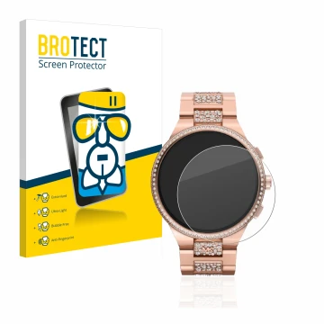 Front side of a product packaging with the brand logo BROTECT. Next to it is the device Michael Kors Camille Gen 6 MKT5147 sho