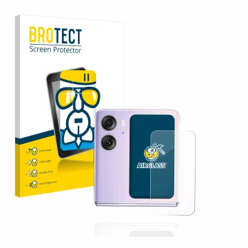 Front side of a product packaging with the brand logo BROTECT. Next to it is the device Oppo Find N2 Flip (Back display) shown