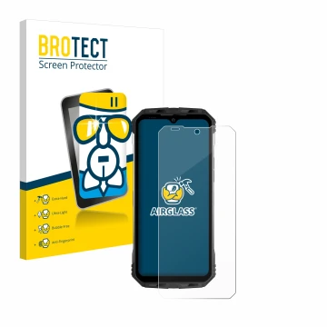 Front side of a product packaging with the brand logo BROTECT. Next to it is the device Doogee S100 shown with the correspondi
