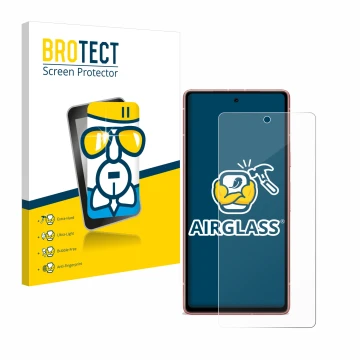 Front side of a product packaging with the brand logo BROTECT. Next to it is the device Google Pixel 7a shown with the corresp