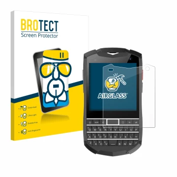 Front side of a product packaging with the brand logo BROTECT. Next to it is the device Unihertz Titan Pocket shown with the c