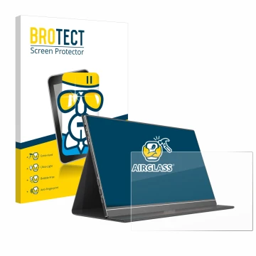 Front side of a product packaging with the brand logo BROTECT. Next to it is the device Arzopa ‎S1 Table 15.6