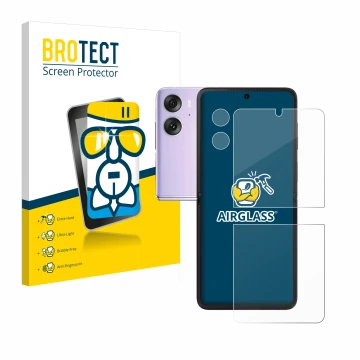 Front side of a product packaging with the brand logo BROTECT. Next to it is the device Oppo Find N2 Flip (Front+Camera) shown