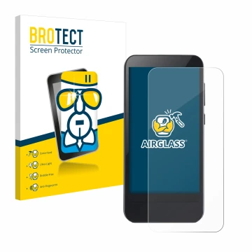 Front side of a product packaging with the brand logo BROTECT. Next to it is the device Omnipod 5 shown with the corresponding