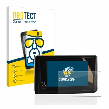 Front side of a product packaging with the brand logo BROTECT. Next to it is the device Toyota C-HR 2023 Infotainment shown wi