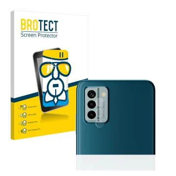 Front side of a product packaging with the brand logo BROTECT. Next to it is the device Nokia G22 (ONLY Camera Lens) shown wit