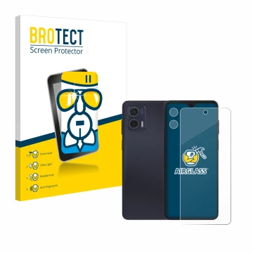 Front side of a product packaging with the brand logo BROTECT. Next to it is the device Motorola Moto G73 5G (Front+Camera) sh