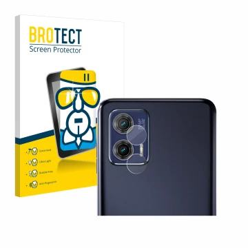 Front side of a product packaging with the brand logo BROTECT. Next to it is the device Motorola Moto G73 5G (ONLY Camera Lens