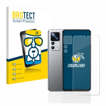 Front side of a product packaging with the brand logo BROTECT. Next to it is the device Xiaomi 12T Pro (Front+Camera) shown wi
