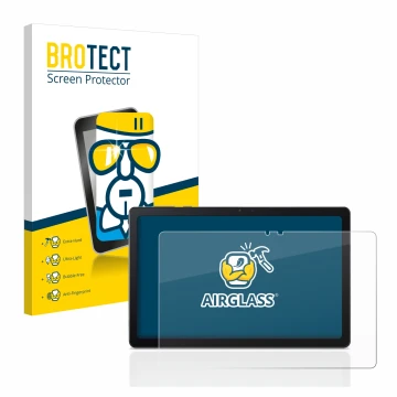 Front side of a product packaging with the brand logo BROTECT. Next to it is the device Acer Iconia Tab P10 shown with the cor