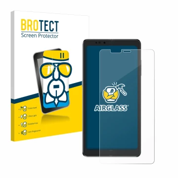 Front side of a product packaging with the brand logo BROTECT. Next to it is the device Hisense A9 shown with the correspondin