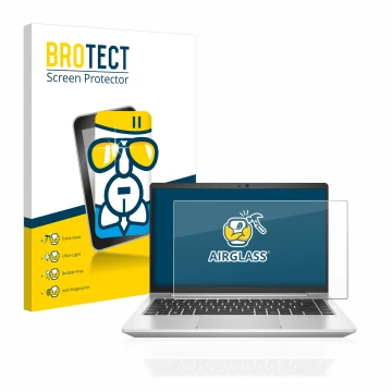 Front side of a product packaging with the brand logo BROTECT. Next to it is the device HP EliteBook 640 G9 shown with the cor