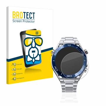 Front side of a product packaging with the brand logo BROTECT. Next to it is the device Huawei Watch Ultimate (48.5 mm) shown 