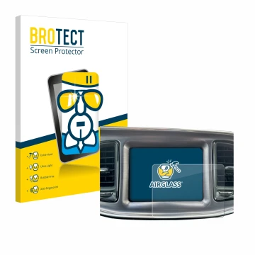 Front side of a product packaging with the brand logo BROTECT. Next to it is the device Dodge Challenger Uconnect 8.4