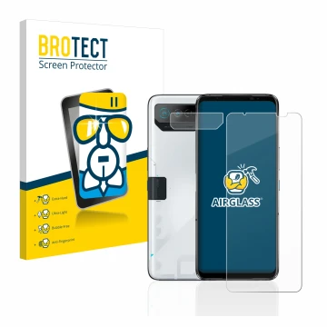 Front side of a product packaging with the brand logo BROTECT. Next to it is the device ASUS ROG Phone 7 Ultimate (Front+Camer