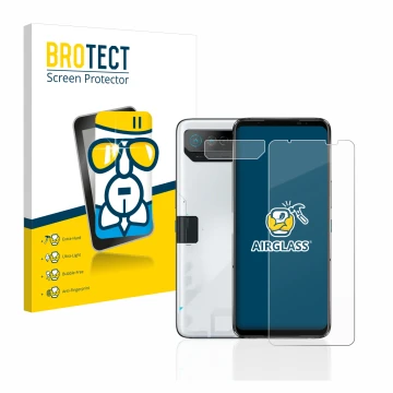 Front side of a product packaging with the brand logo BROTECT. Next to it is the device ASUS ROG Phone 7 (Front+Camera) shown 