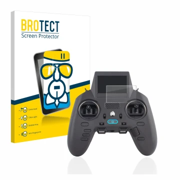Front side of a product packaging with the brand logo BROTECT. Next to it is the device Radiomaster Zorro shown with the corre