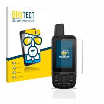 Front side of a product packaging with the brand logo BROTECT. Next to it is the device Garmin GPSMAP 67 shown with the corres