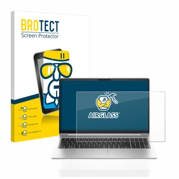 Front side of a product packaging with the brand logo BROTECT. Next to it is the device HP ProBook 450 G10 shown with the corr