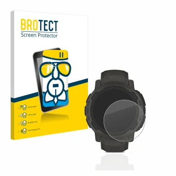 Front side of a product packaging with the brand logo BROTECT. Next to it is the device Garmin Instinct 2 Solar shown with the