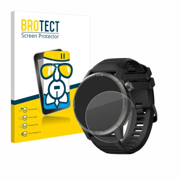 Front side of a product packaging with the brand logo BROTECT. Next to it is the device Kiprun GPS 900 by Coros shown with the