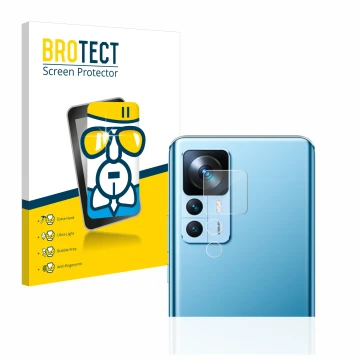 Front side of a product packaging with the brand logo BROTECT. Next to it is the device Xiaomi 12T (ONLY Camera Lens) shown wi