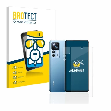 Front side of a product packaging with the brand logo BROTECT. Next to it is the device Xiaomi 12T (Front+Camera) shown with t