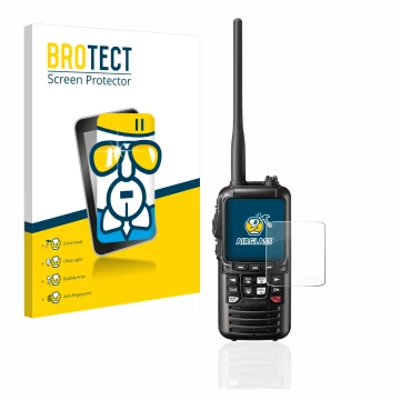 Front side of a product packaging with the brand logo BROTECT. Next to it is the device Standard Horizon HX890 shown with the 