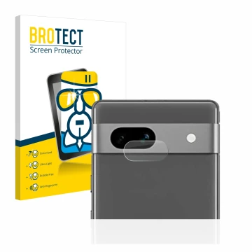 Front side of a product packaging with the brand logo BROTECT. Next to it is the device Google Pixel 7a (ONLY Camera Lens) sho