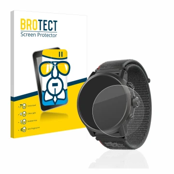 Front side of a product packaging with the brand logo BROTECT. Next to it is the device Coros Apex 2 shown with the correspond