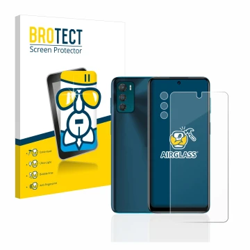 Front side of a product packaging with the brand logo BROTECT. Next to it is the device Motorola Moto G42 (Front+Camera) shown