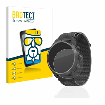 Front side of a product packaging with the brand logo BROTECT. Next to it is the device Coros Apex 2 Pro shown with the corres