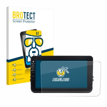 Front side of a product packaging with the brand logo BROTECT. Next to it is the device Dynavin D8-V8 8