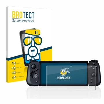 Front side of a product packaging with the brand logo BROTECT. Next to it is the device Razer Edge 5G shown with the correspon