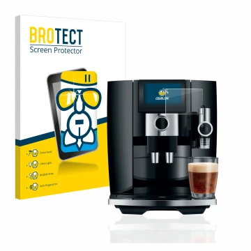 Front side of a product packaging with the brand logo BROTECT. Next to it is the device Jura J8 shown with the corresponding s