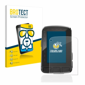 Front side of a product packaging with the brand logo BROTECT. Next to it is the device Wahoo Elemnt Roam 2 shown with the cor