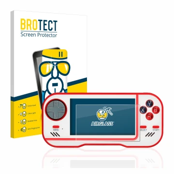 Front side of a product packaging with the brand logo BROTECT. Next to it is the device Blaze Evercade shown with the correspo