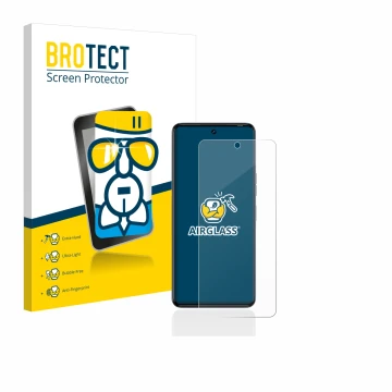 Front side of a product packaging with the brand logo BROTECT. Next to it is the device Tecno Camon 20 Pro shown with the corr