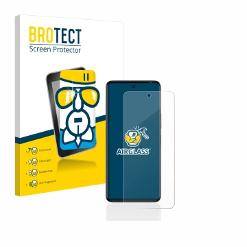 Front side of a product packaging with the brand logo BROTECT. Next to it is the device Tecno Camon 20 shown with the correspo