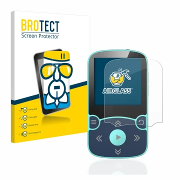 Front side of a product packaging with the brand logo BROTECT. Next to it is the device AGPtek A65X MP3 Player with clip shown
