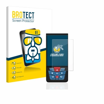 Front side of a product packaging with the brand logo BROTECT. Next to it is the device Bosch GLM 100-25c shown with the corre