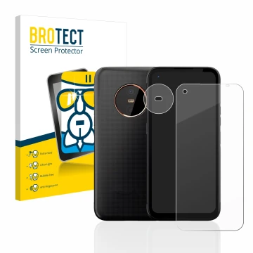 Front side of a product packaging with the brand logo BROTECT. Next to it is the device Gigaset GX6 (Front+Camera) shown with 