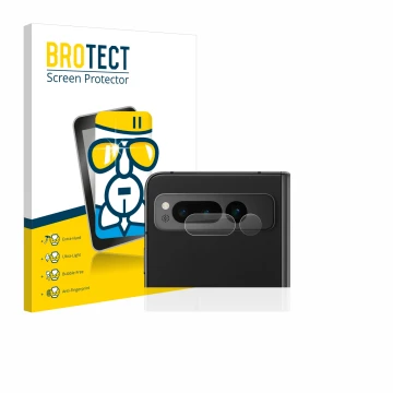 Front side of a product packaging with the brand logo BROTECT. Next to it is the device Google Pixel Fold (ONLY Camera Lens) s