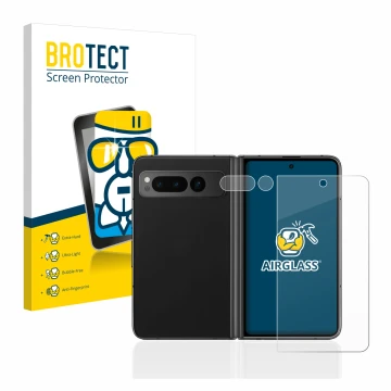 Front side of a product packaging with the brand logo BROTECT. Next to it is the device Google Pixel Fold (Front+Camera) shown