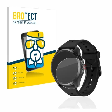 Front side of a product packaging with the brand logo BROTECT. Next to it is the device Mobvoi TicWatch Pro 5 shown with the c
